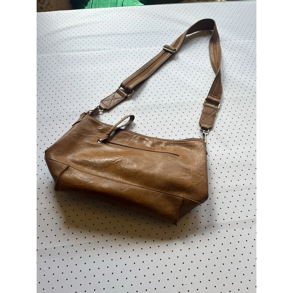 Joy Susan Cognac Vegan Leather Crossbody Slouch Hobo Bag Adjustable Strap Brown